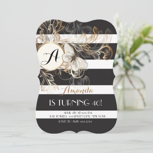 金ゴールドの黒い花柄のストライプの誕生日のパーティの招待状 招待状 (スタンド正面)