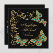 金ゴールドの黒い蝶披露宴の結婚式の婚約 招待状 (正面/裏面)