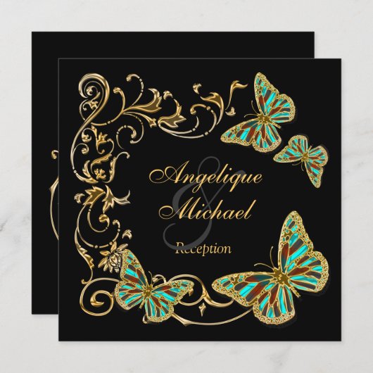 金ゴールドの黒い蝶披露宴の結婚式の婚約 招待状 (正面/裏面)