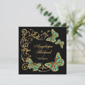 金ゴールドの黒い蝶披露宴の結婚式の婚約 招待状 (スタンド正面)
