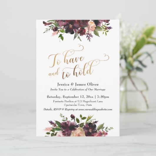 金ゴールドの黒い赤のブルゴーニュのフローラを保持する 招待状 (スタンド正面)