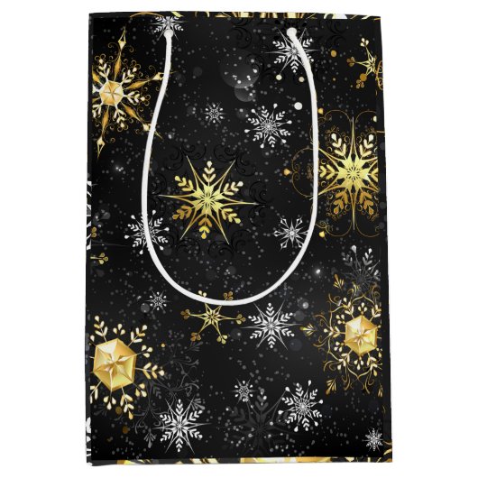 金ゴールドの黒い雪の結晶クリスマスクリスマス ミディアムペーパーバッグ (正面)
