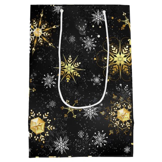 金ゴールドの黒い雪の結晶クリスマスクリスマス ミディアムペーパーバッグ (裏面)