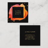 金ゴールドの黒のオレンジ水彩画のしぶき スクエア名刺 (正面/裏面)