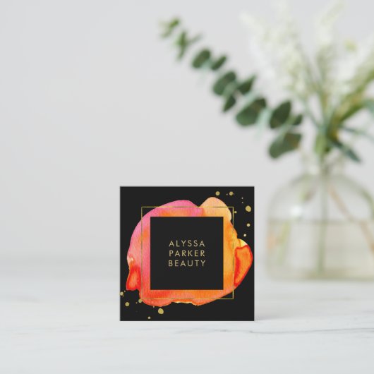 金ゴールドの黒のオレンジ水彩画のしぶき スクエア名刺 (スタンド正面)