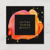 金ゴールドの黒のオレンジ水彩画のしぶき スクエア名刺 (正面)