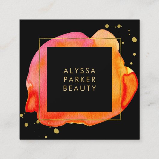 金ゴールドの黒のオレンジ水彩画のしぶき スクエア名刺 (正面)