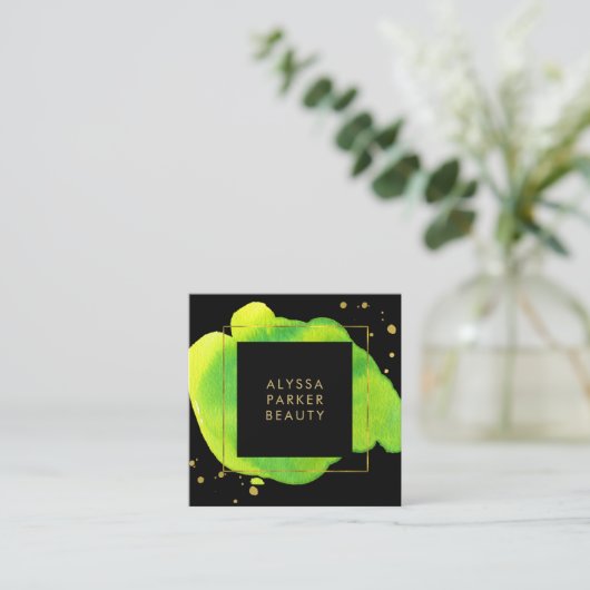 金ゴールドの黒のネオン水彩画のしぶき スクエア名刺 (スタンド正面)