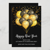 金ゴールドの黒風船紙吹雪新年おめでとう シーズンカード (正面/裏面)