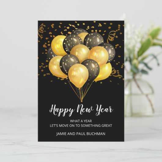 金ゴールドの黒風船紙吹雪新年おめでとう シーズンカード (スタンド正面)
