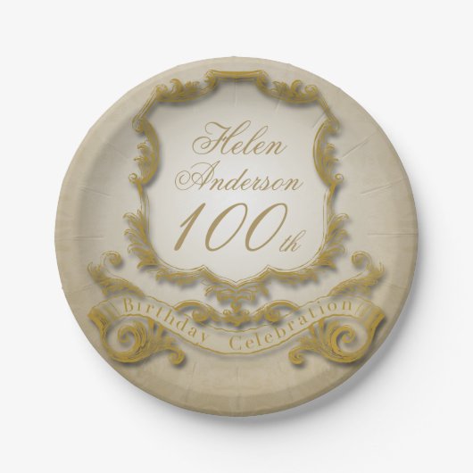 金ゴールドの100th誕生祝いの紙皿 ペーパープレート (正面)