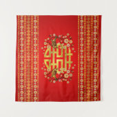 金ゴールドの2重の幸せのシンボル（花と鳥） タペストリー (正面(横))