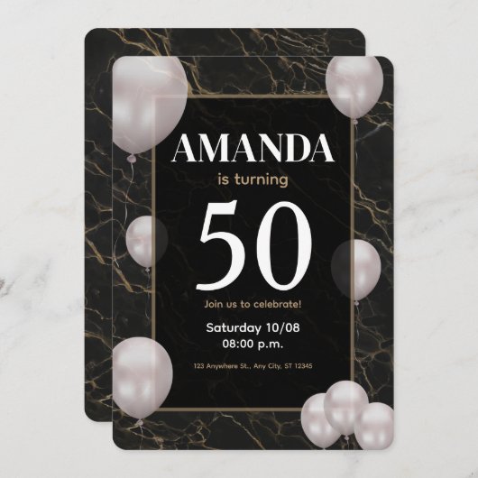 金ゴールドの50th誕生日パーティーへの招待 招待状 (正面/裏面)