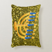 金ゴールドの（ユダヤ教）メノラーの金ゴールドのフェイクなグリッター アクセントクッション (正面(垂直))