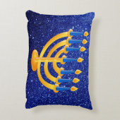 金ゴールドの(ユダヤ教)メノラーの青くフェイクなグリッター アクセントクッション (裏面(縦))