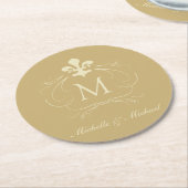 金ゴールドの（紋章の）フラ・ダ・リの空想スクロール ラウンドペーパーコースター (アングル)