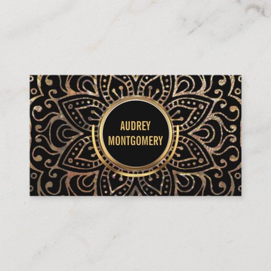 金ゴールドのBohoのヨガのインストラクター|の花の曼荼羅パターン 名刺 (正面)