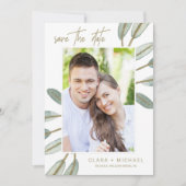 金ゴールドのEucalyptus写真Save the Date Card セーブザデート (正面)