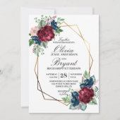 金ゴールドのGeo海軍バーガンディの花の結婚式 招待状 (正面)