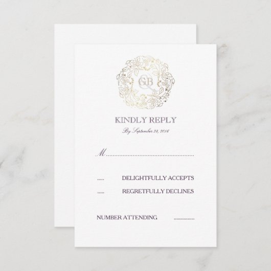 金ゴールドのRSVPカードを結婚する花のリース|のプラム文字 出欠カード (正面/裏面)