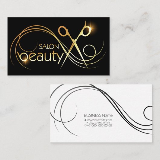金ゴールドはさみとヘアカールの名刺 名刺 (正面/裏面)