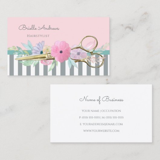 金ゴールドはさみストライプとフローラヘアスタイリスト 名刺 (正面/裏面)