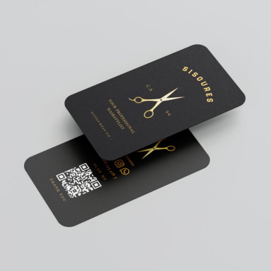 金ゴールドはさみヘアスタイリストのミニマリストQrコード 名刺