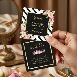 金ゴールドはさみ花美容師美しいサロン スクエア名刺