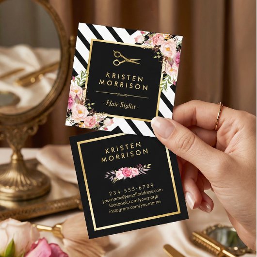 金ゴールドはさみ花美容師美しいサロン スクエア名刺