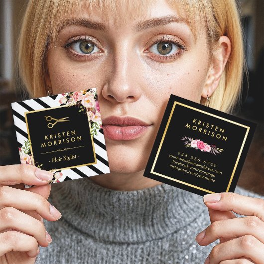 金ゴールドはさみ花美容師美しいサロン スクエア名刺