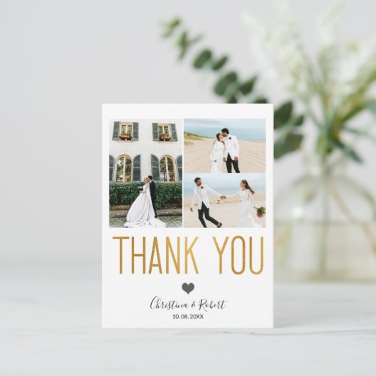 金ゴールドはっきりしたありがカスタムと写真の結婚ありがとう ポストカード (スタンド正面)