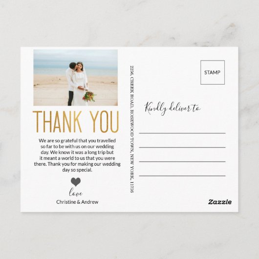 金ゴールドはっきりしたありがカスタムと写真の結婚ありがとう ポストカード (裏面)