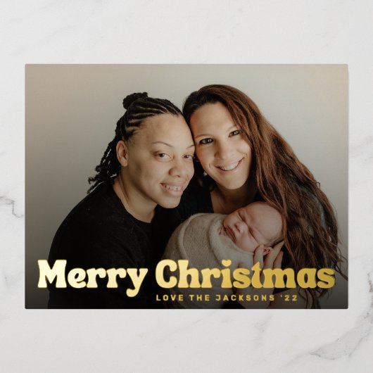 金ゴールドはっきりしたおもしろいメリークリスマスハート家族写真 箔シーズンポストカード (正面)