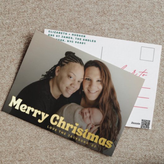 金ゴールドはっきりしたおもしろいメリークリスマスハート家族写真 箔シーズンポストカード