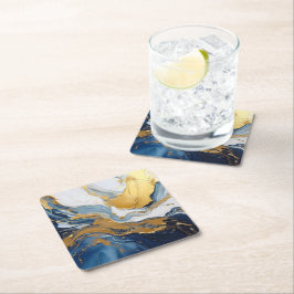 金ゴールドはっきりしたと青のスプラッシュ スクエアペーパーコースター