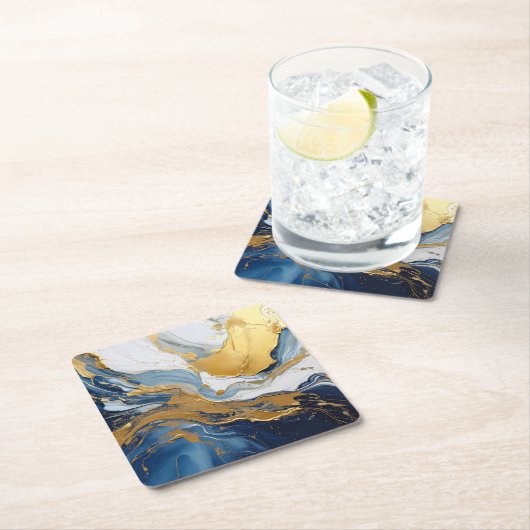 金ゴールドはっきりしたと青のスプラッシュ スクエアペーパーコースター (インサイチュ)