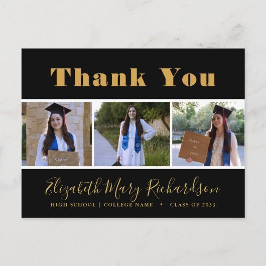 金ゴールドはっきりしたスモダンクリプト3 Photo Grad Thank You ポストカード (正面)