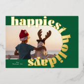 金ゴールドはっきりしたタイポグラフィと緑のオーバルフォトクリスマス 箔シーズンカード (正面)