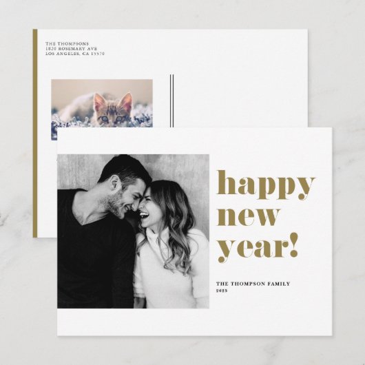 金ゴールドはっきりしたタイポグラフィハッピーニューイヤー写真 シーズンポストカード (正面/裏面)