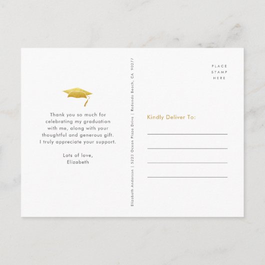 金ゴールドはっきりしたタイポグラフィ卒業写真感謝していユー ポストカード (裏面)