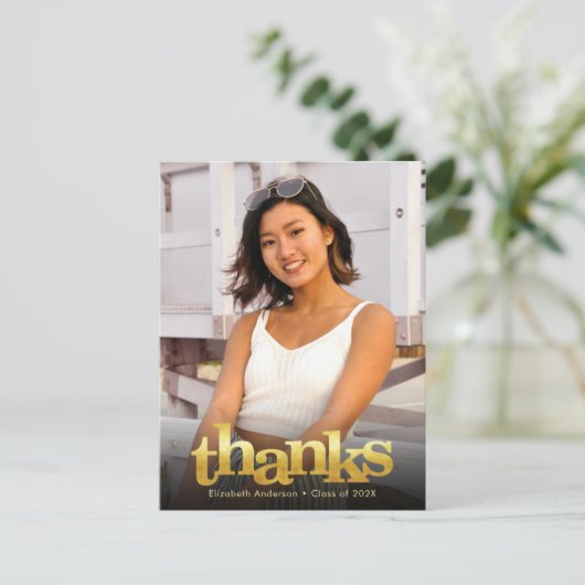 金ゴールドはっきりしたタイポグラフィ卒業写真感謝していユー ポストカード (スタンド正面)