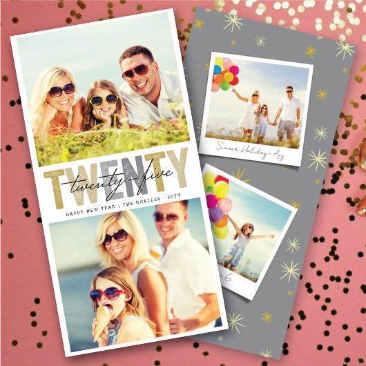 金ゴールドはっきりしたタイポグラフィ2025年新年2フォトコラージュ シーズンカード