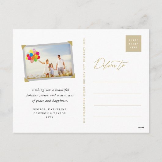 金ゴールドはっきりしたタイポグラフィ2025年新年3フォトコラージュ シーズンポストカード (裏面)