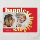 金ゴールドはっきりしたタイポグラフィ&レッドアーチフォトクリスマス 箔シーズンカード (正面)