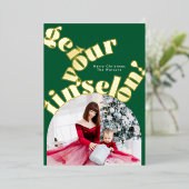 金ゴールドはっきりしたタイポグラフィ「Get Your Tinsel On」写真 箔シーズンカード (立ち正面)