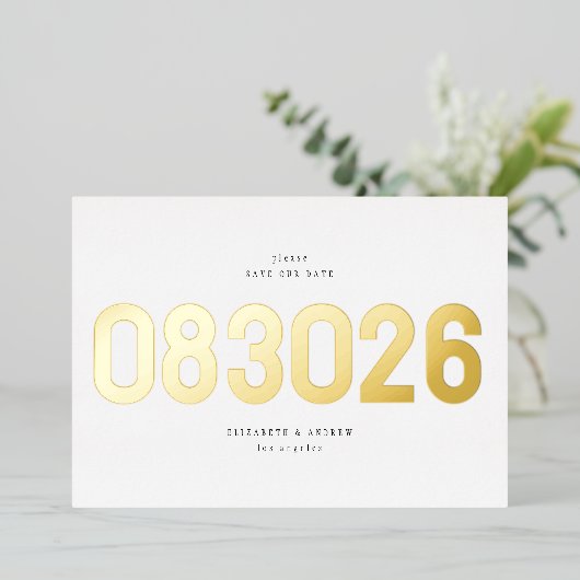 金ゴールドはっきりしたビッグ日シンプル付け写真データの保存 箔招待状 (立ち正面)