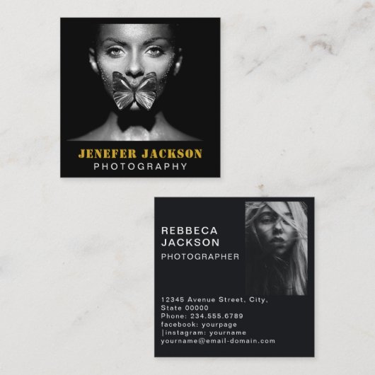 金ゴールドはっきりしたブラックスクリプト2フォトミニマルQRコード スクエア名刺 (正面/裏面)