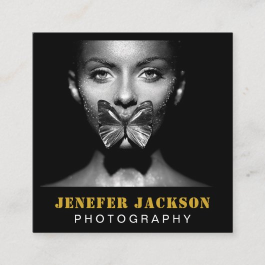 金ゴールドはっきりしたブラックスクリプト2フォトミニマルQRコード スクエア名刺 (正面)