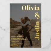 金ゴールドはっきりしたブラック名2枚結婚の写真 箔招待状 (正面)