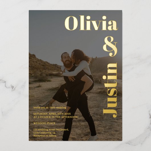 金ゴールドはっきりしたブラック名2枚結婚の写真 箔招待状 (正面)